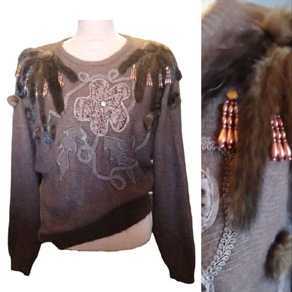 VTG 80s Brown Gold Embellished Funky Angora Lambswool Fuzzy Sweater Medium - Picture 1 of 17